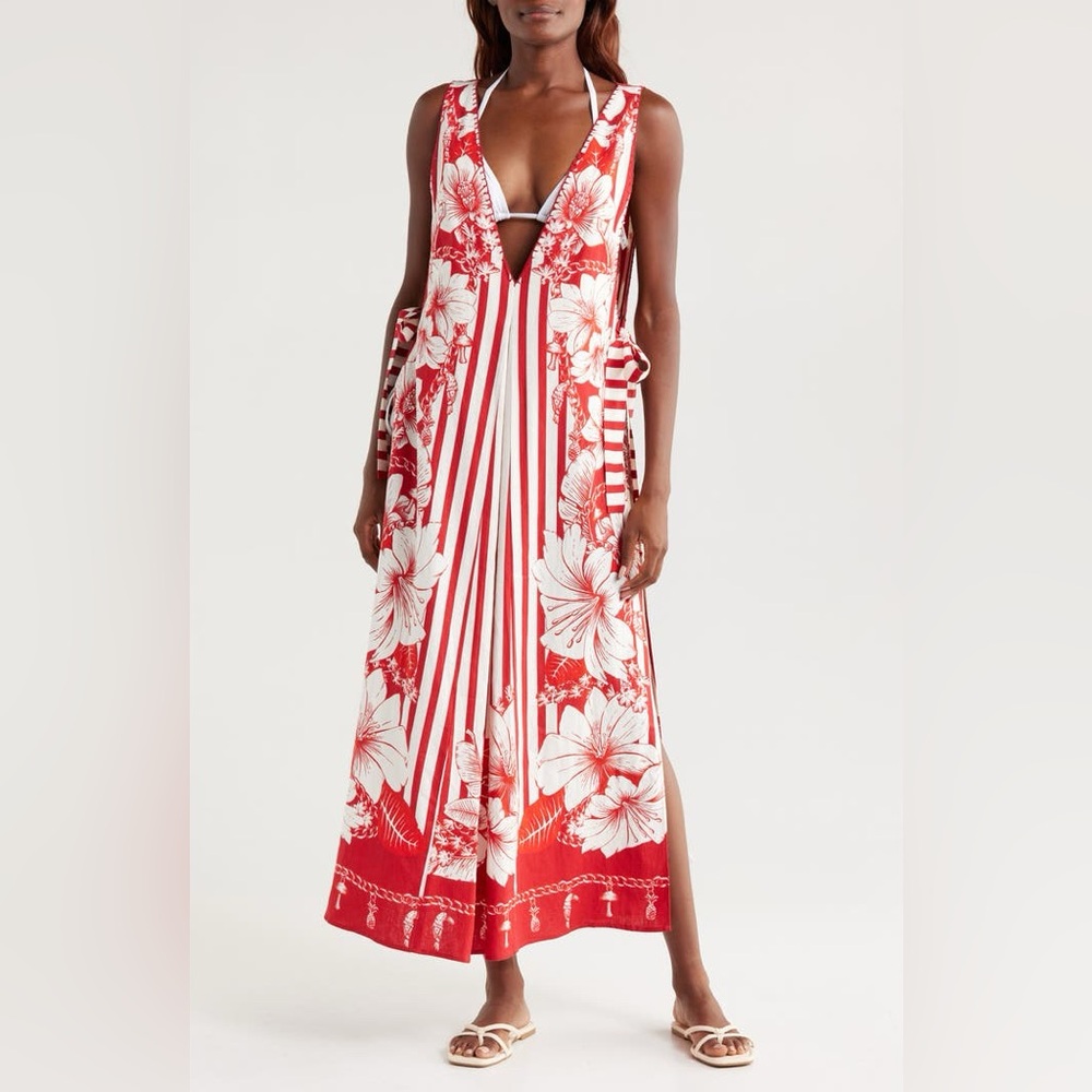 FARM Rio Red and White Floral Swim Coverup